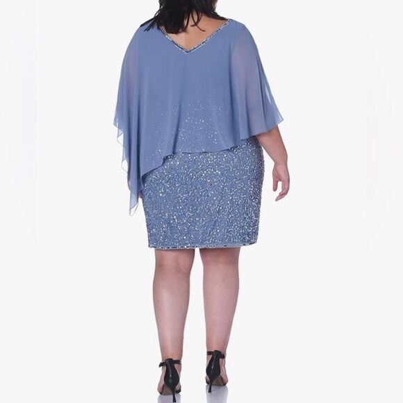 J Kara Dusty Blue Beaded Cocktail Dress Sheer Cape Overlay V-Neck Size 18 NWT - Picture 9 of 16